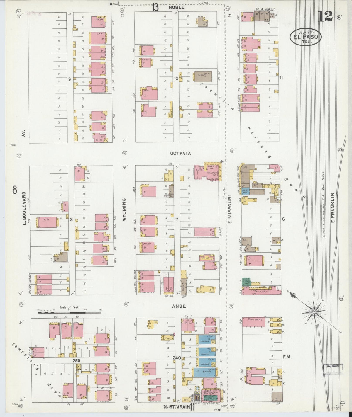 Sanborn Fire Insurance Map from El Paso, El Paso County, Texas (1905), Sheet #0012 - Historic Sanborn Fire Insurance Map Print, vintage old map wall art, antique decor, genealogy gift, Texas Texas map
