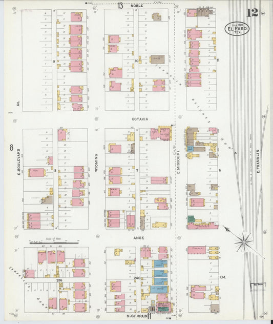 Sanborn Fire Insurance Map from El Paso, El Paso County, Texas (1905), Sheet #0012 - Historic Sanborn Fire Insurance Map Print, vintage old map wall art, antique decor, genealogy gift, Texas Texas map