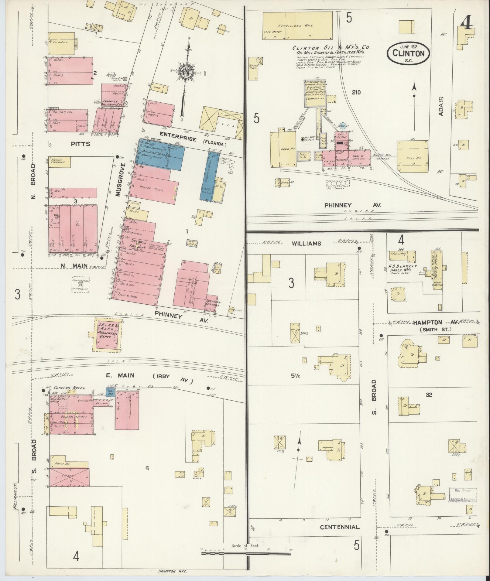Sanborn Fire Insurance Map from Clinton, Laurens County, South Carolina (1912), Sheet #0004 - Complete Map Set gallery image, historic Sanborn map, vintage wall art, South Carolina South Carolina