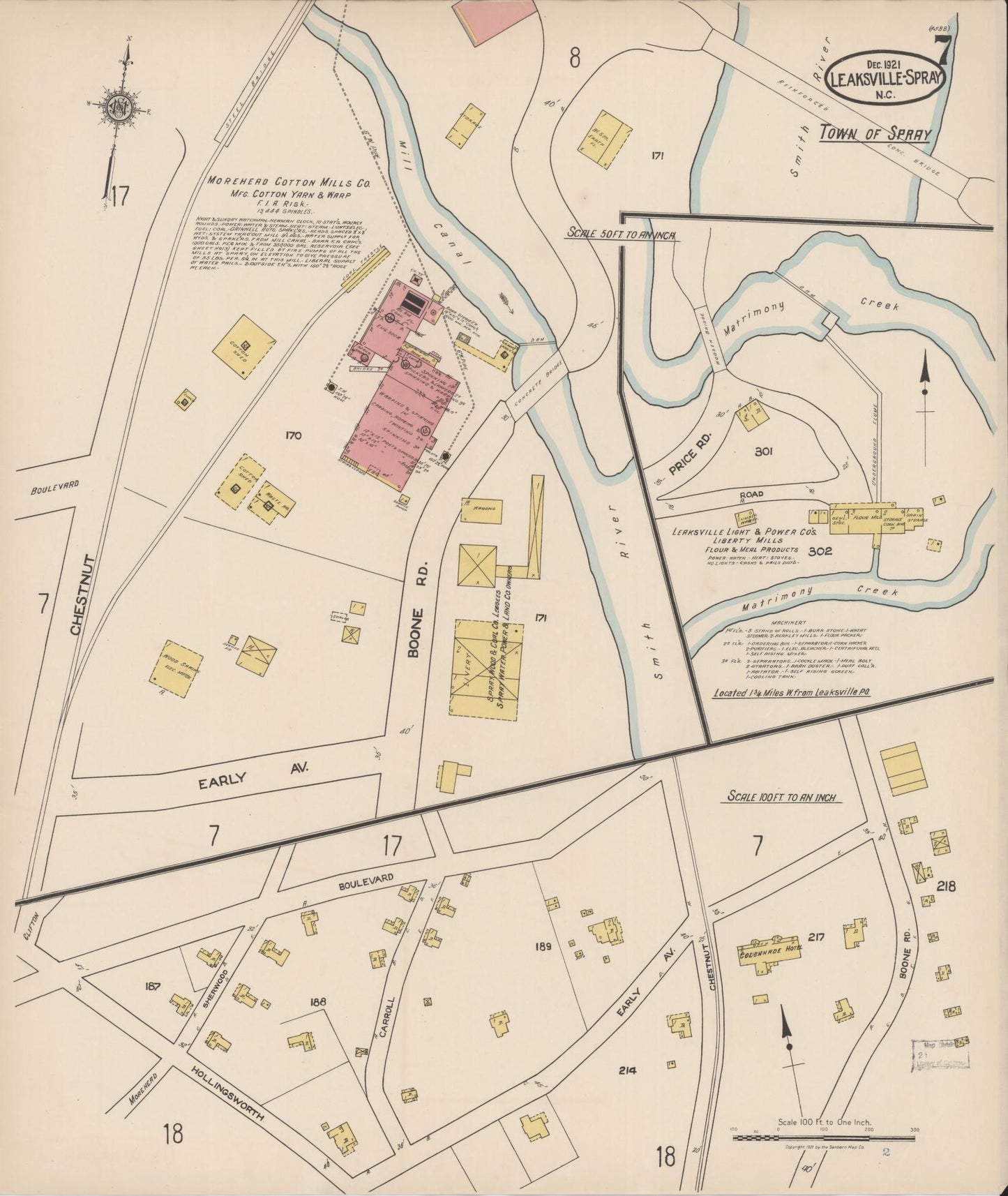Sanborn Fire Insurance Map from Leaksville-spray, Rockingham County, North Carolina (1921), Sheet #0007 - Complete Map Set gallery image, historic Sanborn map, vintage wall art, North Carolina North Carolina