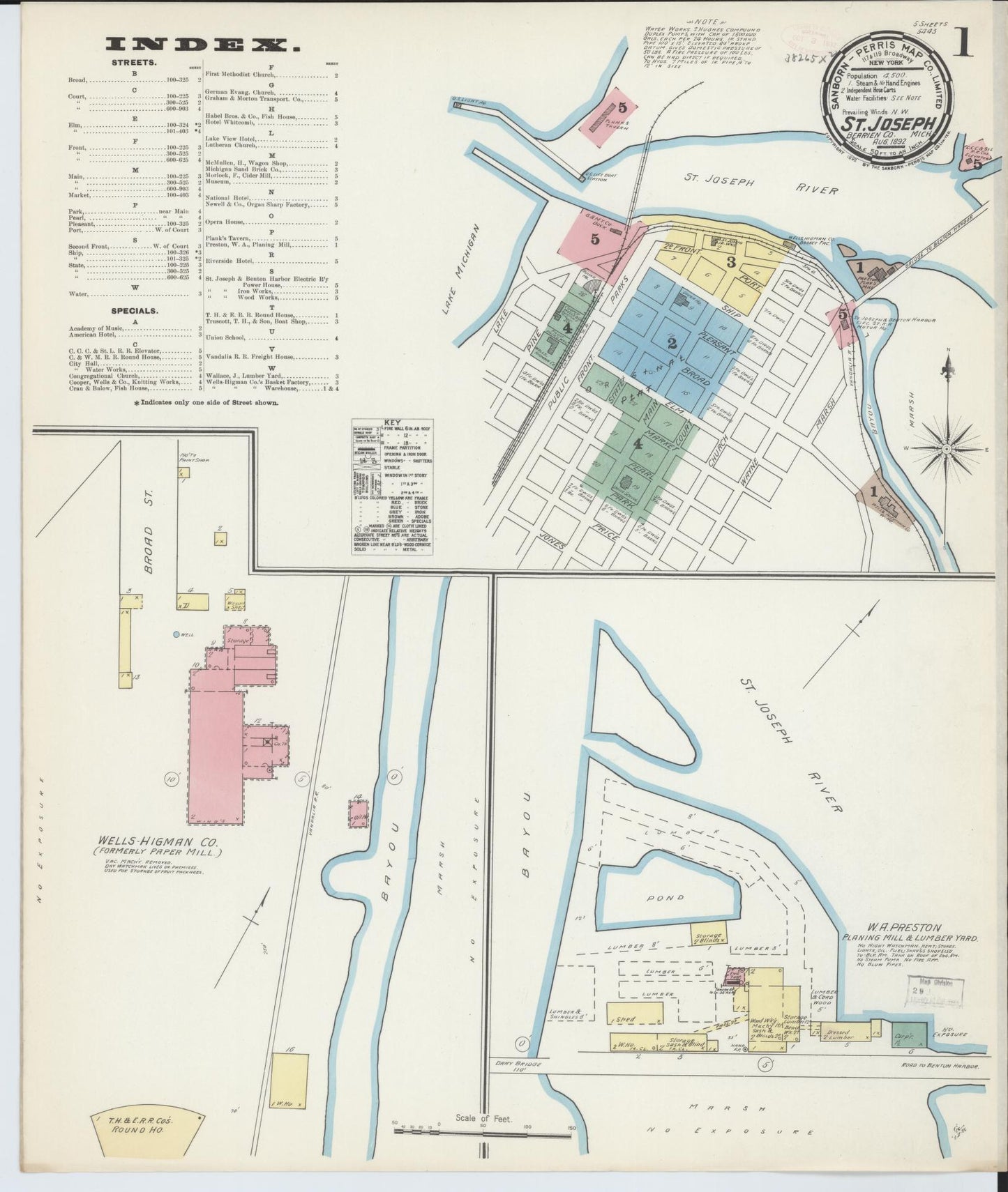 Sanborn Fire Insurance Map from Saint Joseph, Berrien County, Michigan (1892), Sheet #0001 - Complete Map Set gallery image, historic Sanborn map, vintage wall art, Michigan Michigan