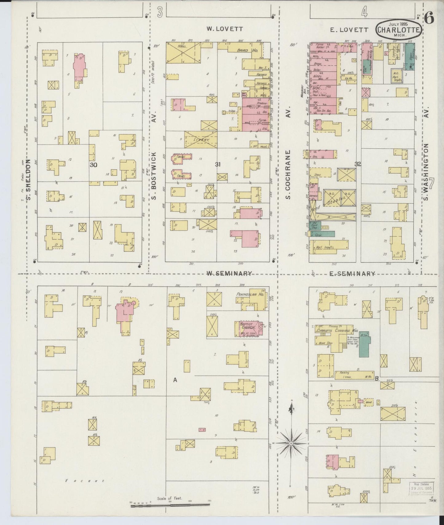 Sanborn Fire Insurance Map from Charlotte, Eaton County, Michigan (1895), Sheet #0006 - Complete Map Set gallery image, historic Sanborn map, vintage wall art, Michigan Michigan