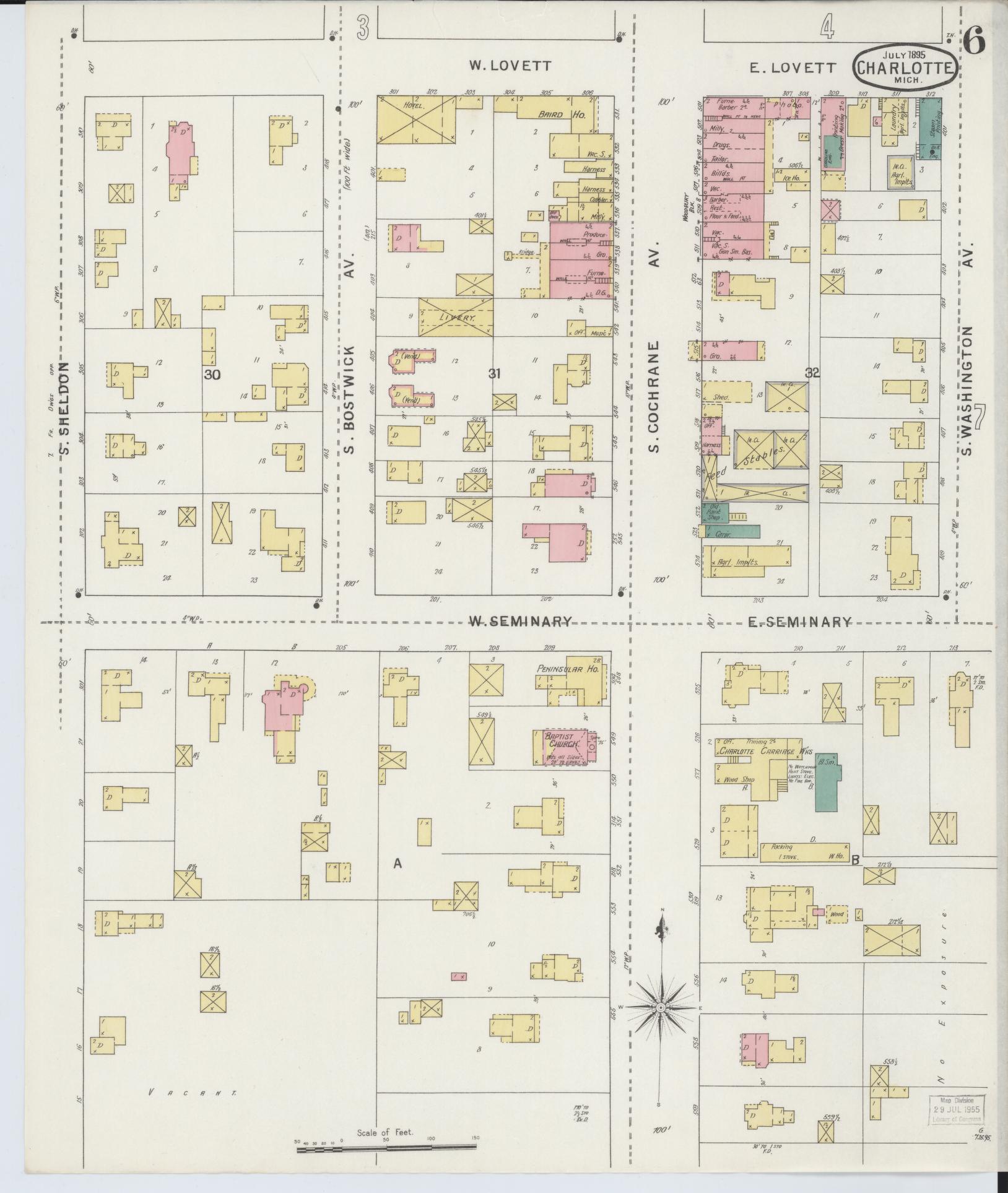 Sanborn Fire Insurance Map from Charlotte, Eaton County, Michigan (1895), Sheet #0006 - Complete Map Set gallery image, historic Sanborn map, vintage wall art, Michigan Michigan