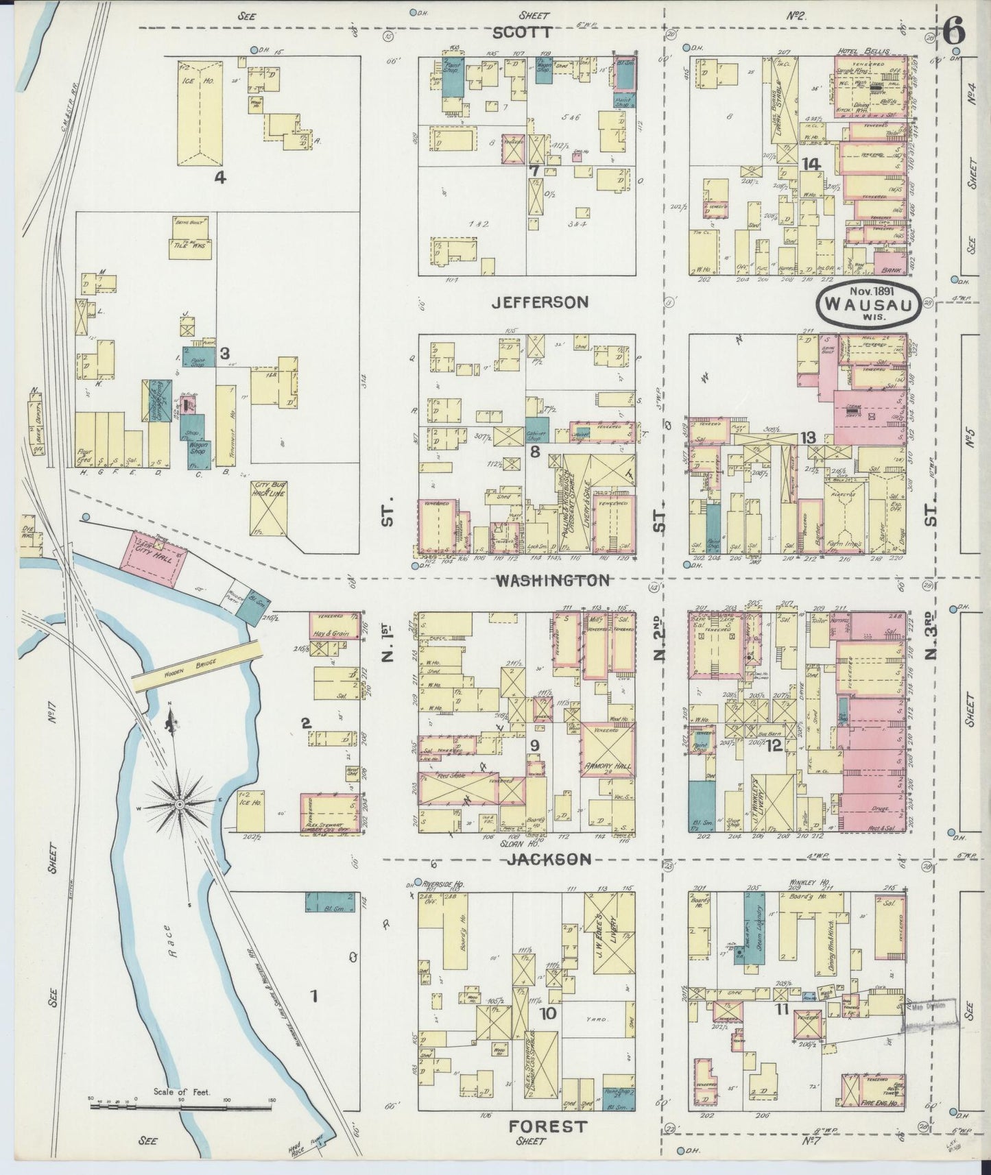 Sanborn Fire Insurance Map from Wausau, Marathon County, Wisconsin (1891), Sheet #0006 - Complete Map Set gallery image, historic Sanborn map, vintage wall art, Wisconsin Wisconsin