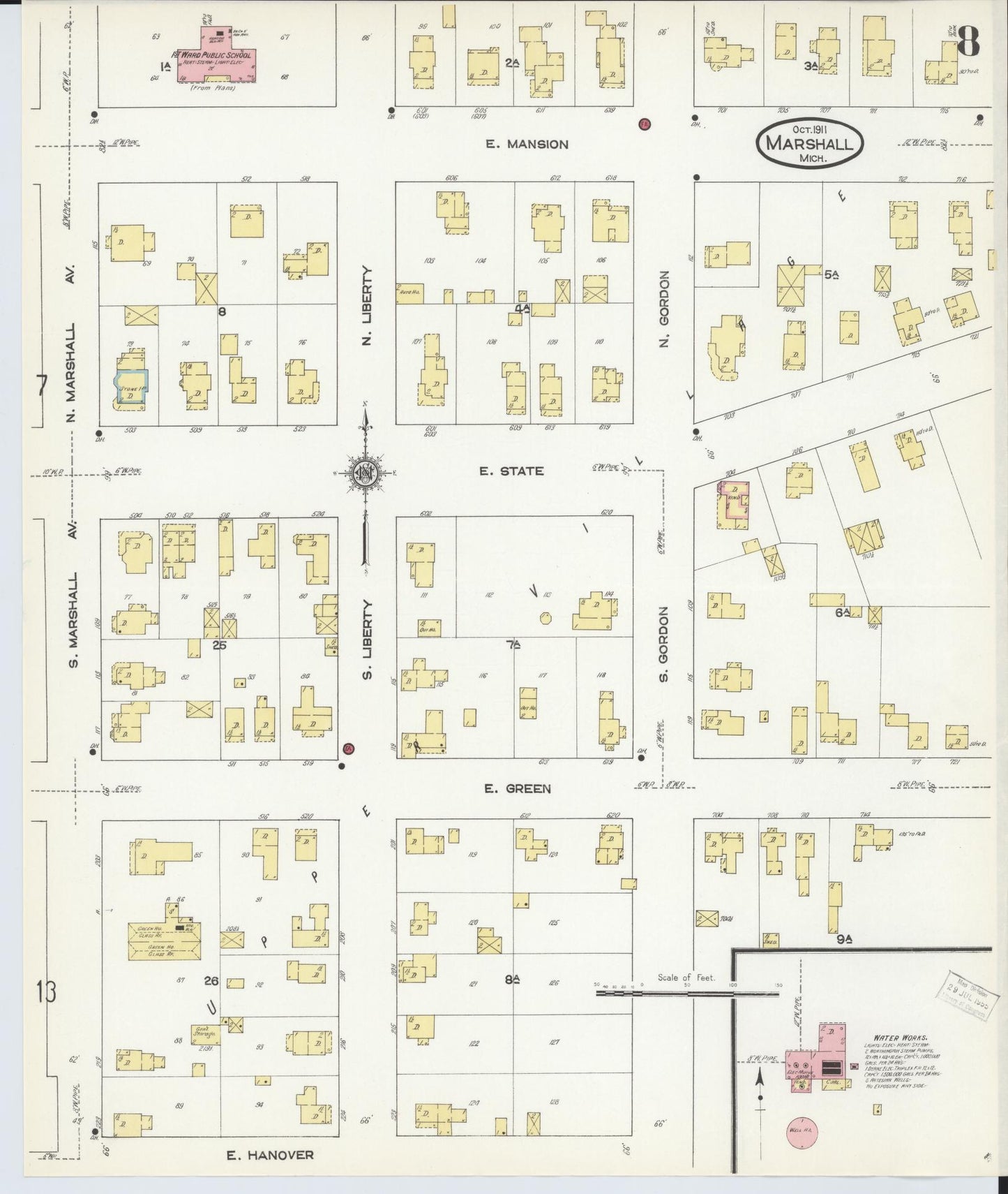 Sanborn Fire Insurance Map from Marshall, Calhoun County, Michigan (1911), Sheet #0008 - Historic Sanborn Fire Insurance Map Print, vintage old map wall art, antique decor, genealogy gift, Michigan Michigan map