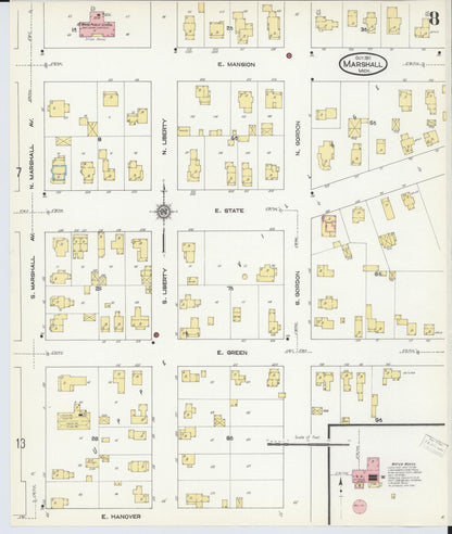 Sanborn Fire Insurance Map from Marshall, Calhoun County, Michigan (1911), Sheet #0008 - Historic Sanborn Fire Insurance Map Print, vintage old map wall art, antique decor, genealogy gift, Michigan Michigan map