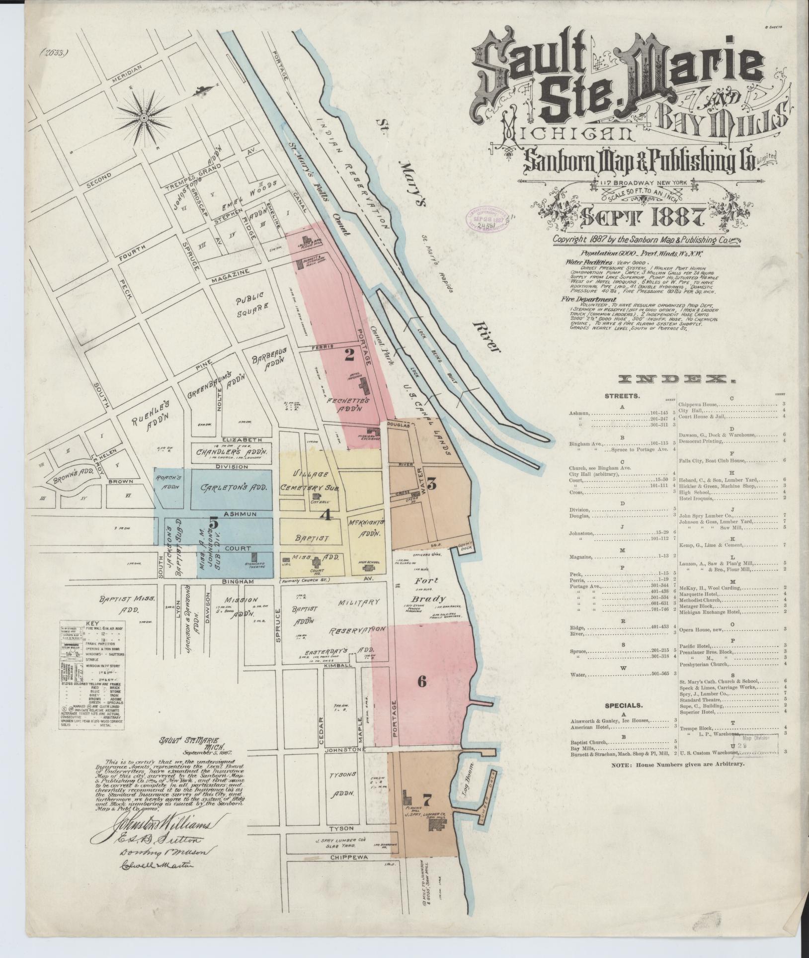 Sanborn Fire Insurance Map from Sault Sainte Marie, Chippewa County, Michigan (1887), Sheet #0001 - Complete Map Set gallery image, historic Sanborn map, vintage wall art, Michigan Michigan