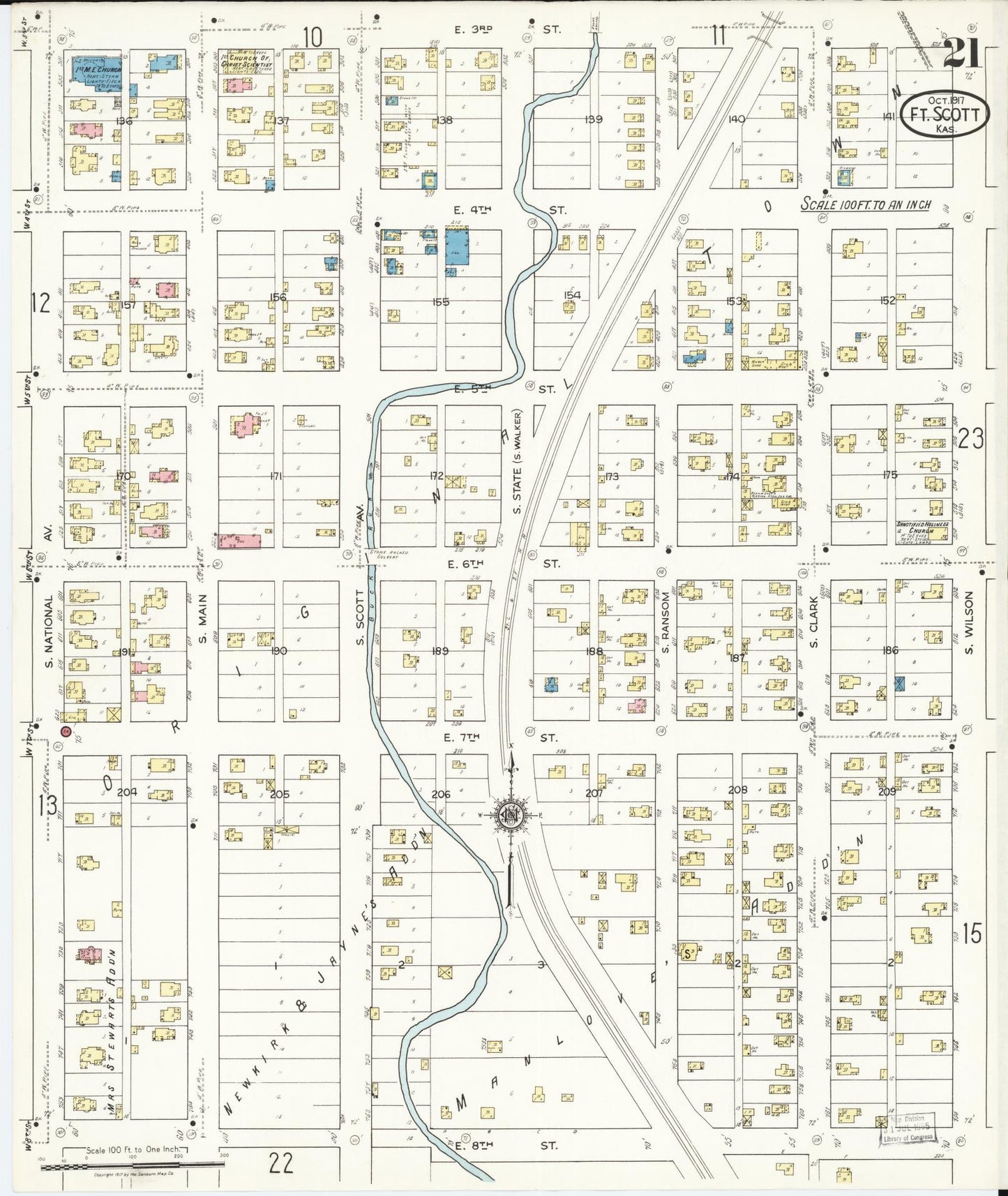 Sanborn Fire Insurance Map from Fort Scott, Bourbon County, Kansas (1917), Sheet #0021 - Complete Map Set gallery image, historic Sanborn map, vintage wall art, Kansas Kansas