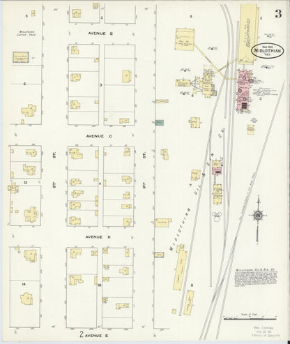 Sanborn Fire Insurance Map from Midlothian, Ellis County, Texas (1910), Sheet #0003 - Complete Map Set gallery image, historic Sanborn map, vintage wall art, Texas Texas