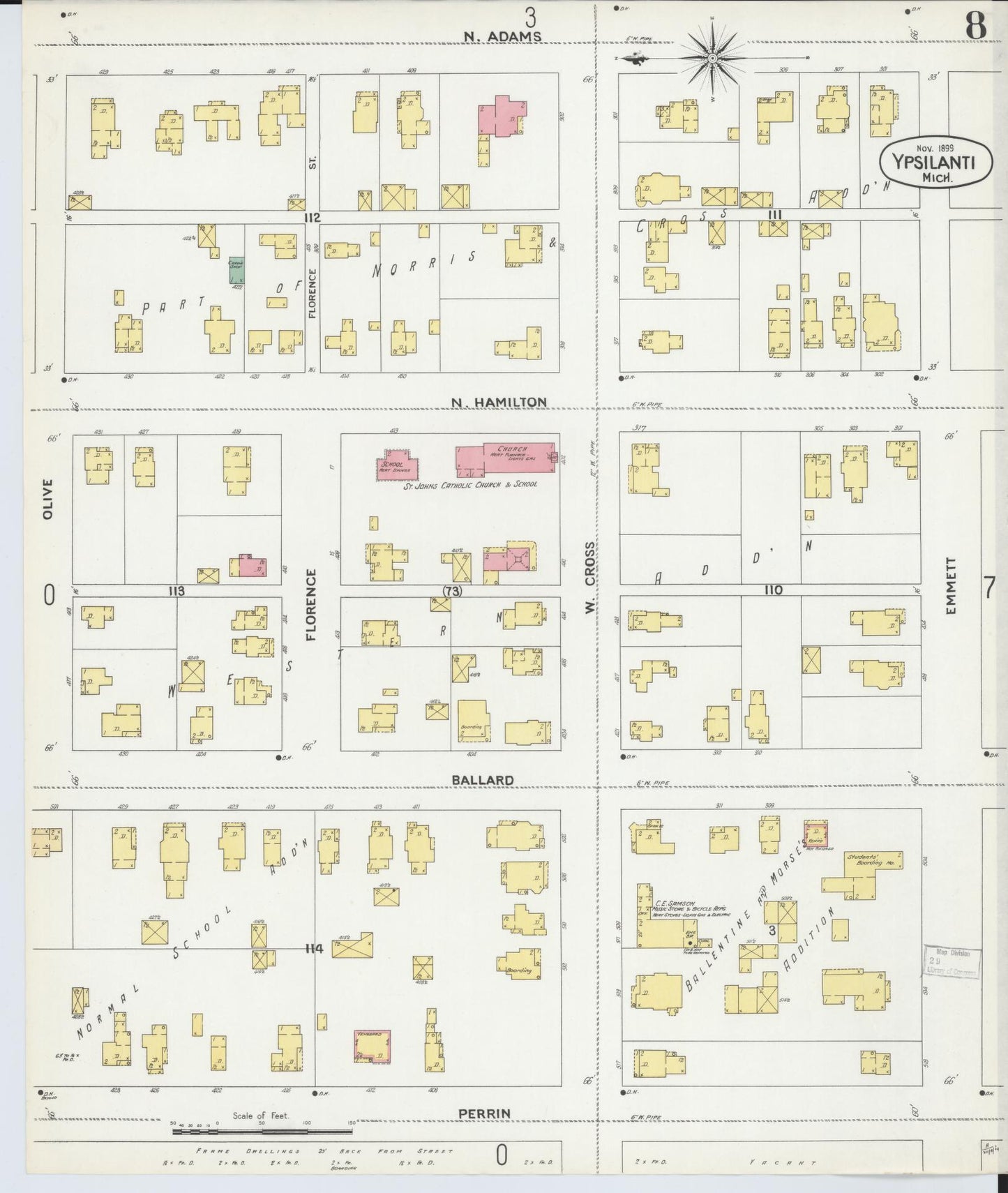 Sanborn Fire Insurance Map from Ypsilanti, Washtenaw County, Michigan (1899), Sheet #0008 - Historic Sanborn Fire Insurance Map Print, vintage old map wall art, antique decor, genealogy gift, Michigan Michigan map