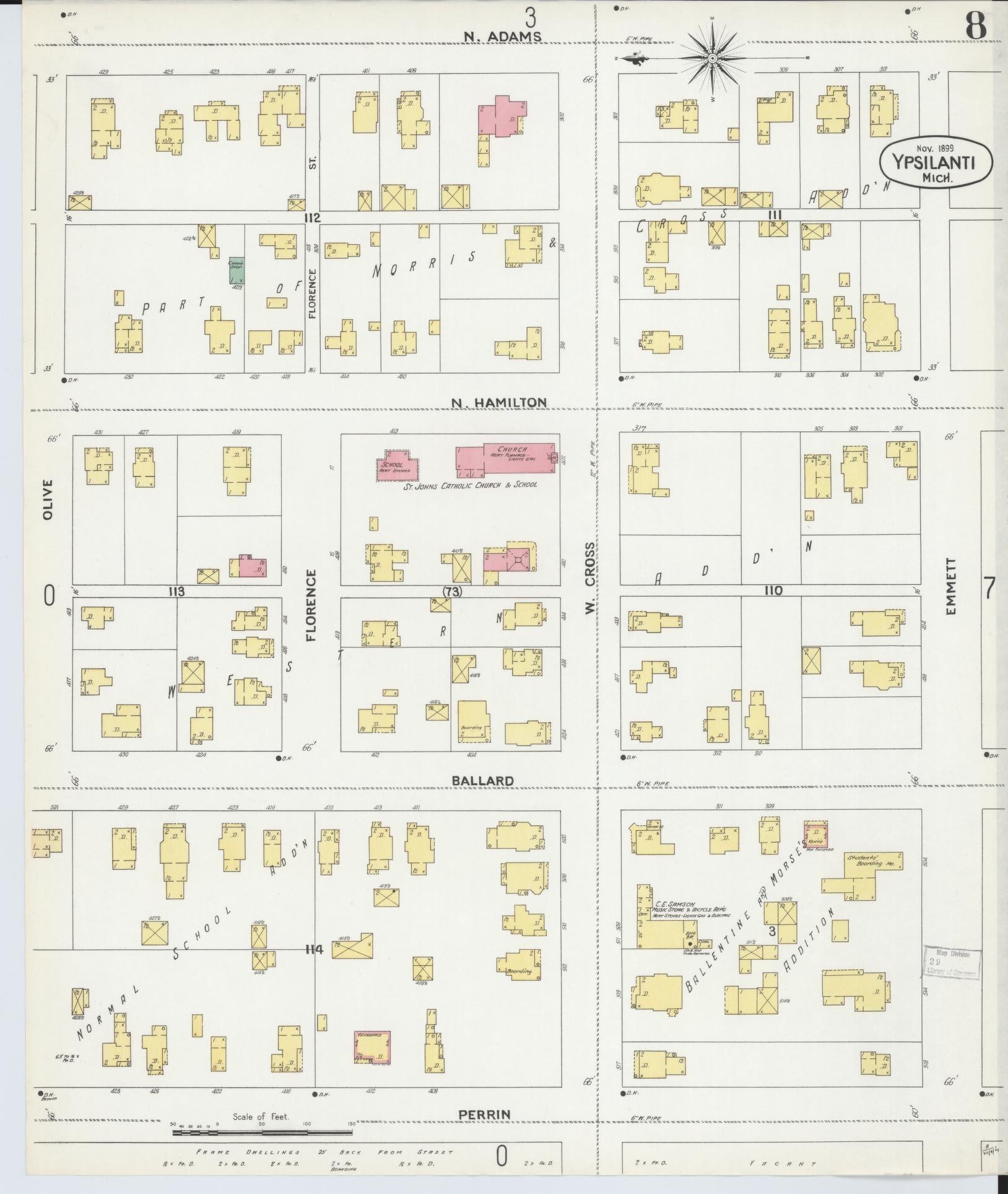 Sanborn Fire Insurance Map from Ypsilanti, Washtenaw County, Michigan (1899), Sheet #0008 - Historic Sanborn Fire Insurance Map Print, vintage old map wall art, antique decor, genealogy gift, Michigan Michigan map