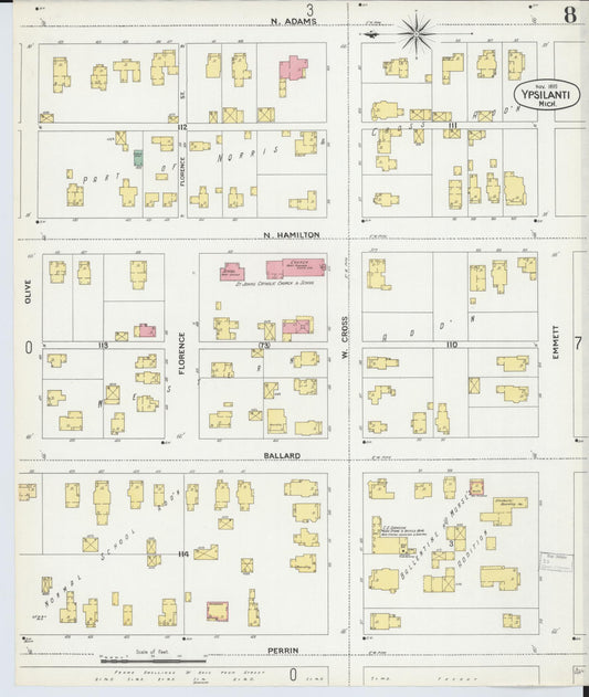 Sanborn Fire Insurance Map from Ypsilanti, Washtenaw County, Michigan (1899), Sheet #0008 - Historic Sanborn Fire Insurance Map Print, vintage old map wall art, antique decor, genealogy gift, Michigan Michigan map