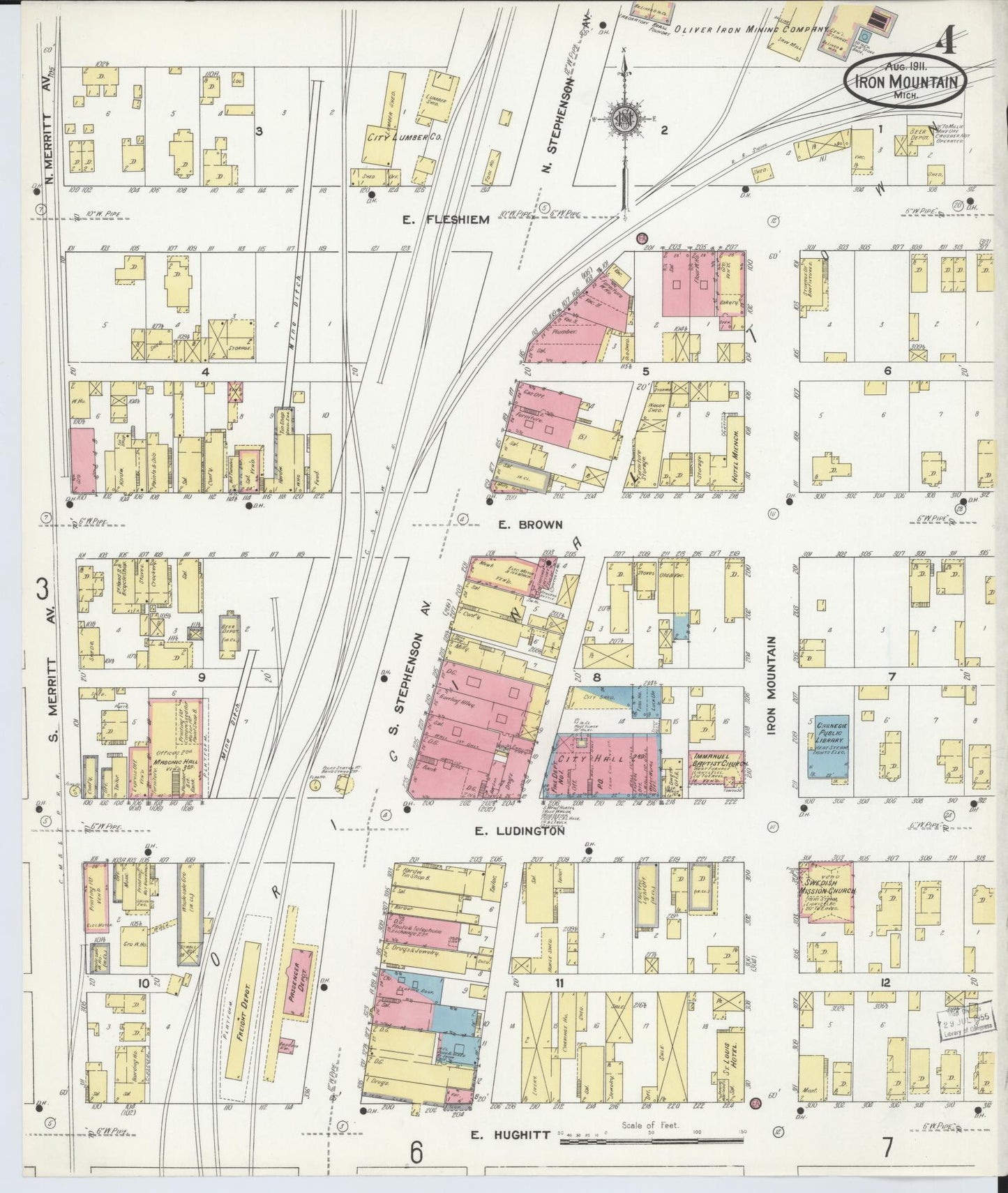 Sanborn Fire Insurance Map from Iron Mountain, Dickinson County, Michigan (1911), Sheet #0004 - Historic Sanborn Fire Insurance Map Print, vintage old map wall art, antique decor, genealogy gift, Michigan Michigan map