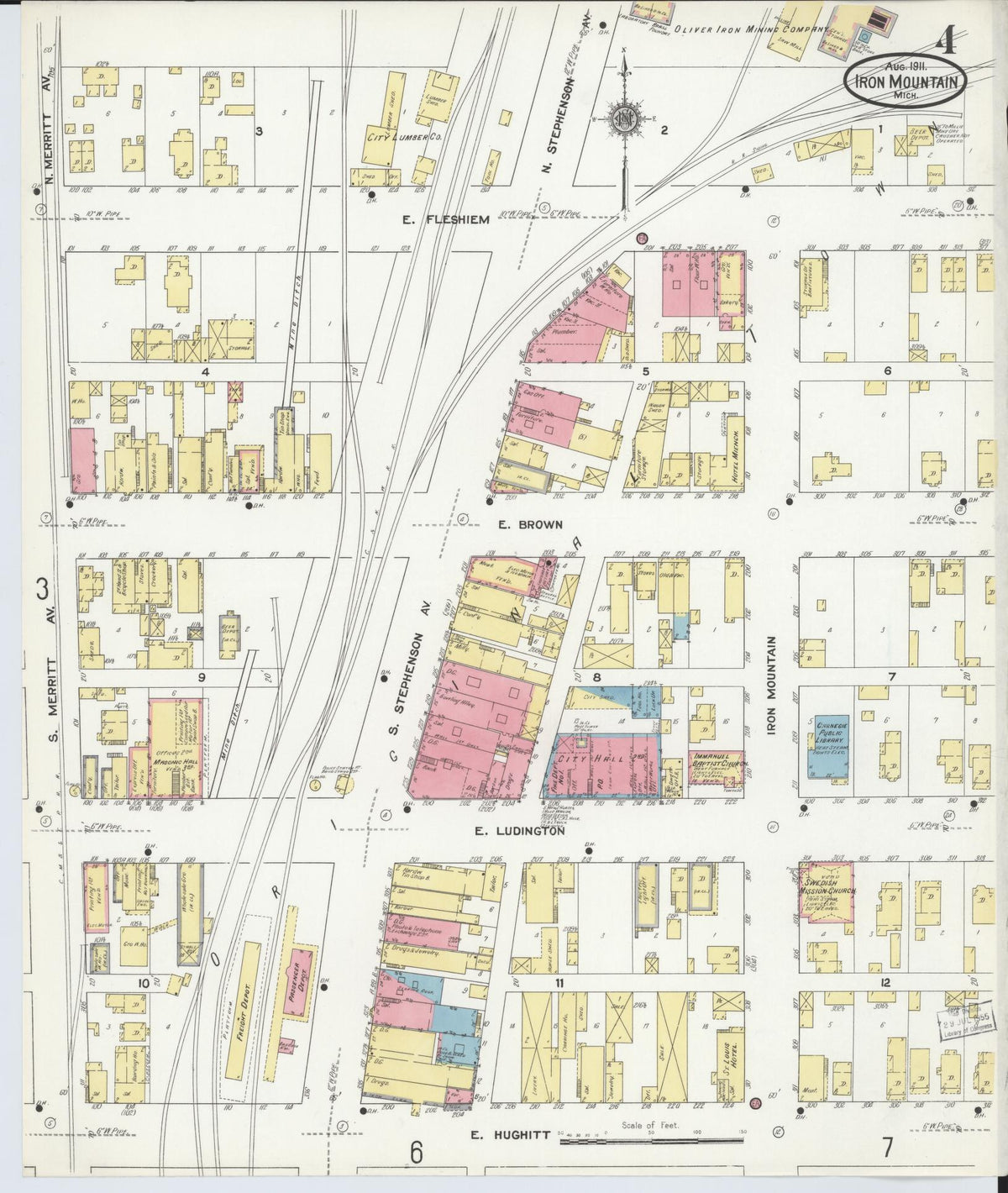 Sanborn Fire Insurance Map from Iron Mountain, Dickinson County, Michigan (1911), Sheet #0004 - Historic Sanborn Fire Insurance Map Print, vintage old map wall art, antique decor, genealogy gift, Michigan Michigan map