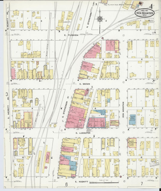 Sanborn Fire Insurance Map from Iron Mountain, Dickinson County, Michigan (1911), Sheet #0004 - Historic Sanborn Fire Insurance Map Print, vintage old map wall art, antique decor, genealogy gift, Michigan Michigan map