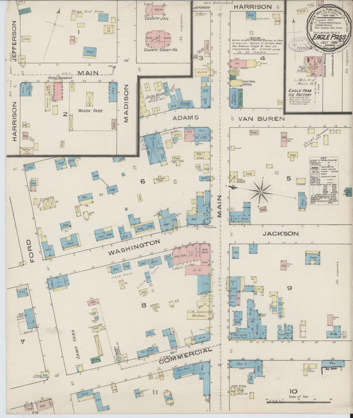Sanborn Fire Insurance Map from Eagle Pass, Maverick County, Texas (1885), Sheet #0001 - Historic Sanborn Fire Insurance Map Print, vintage old map wall art, antique decor, genealogy gift, Texas Texas map