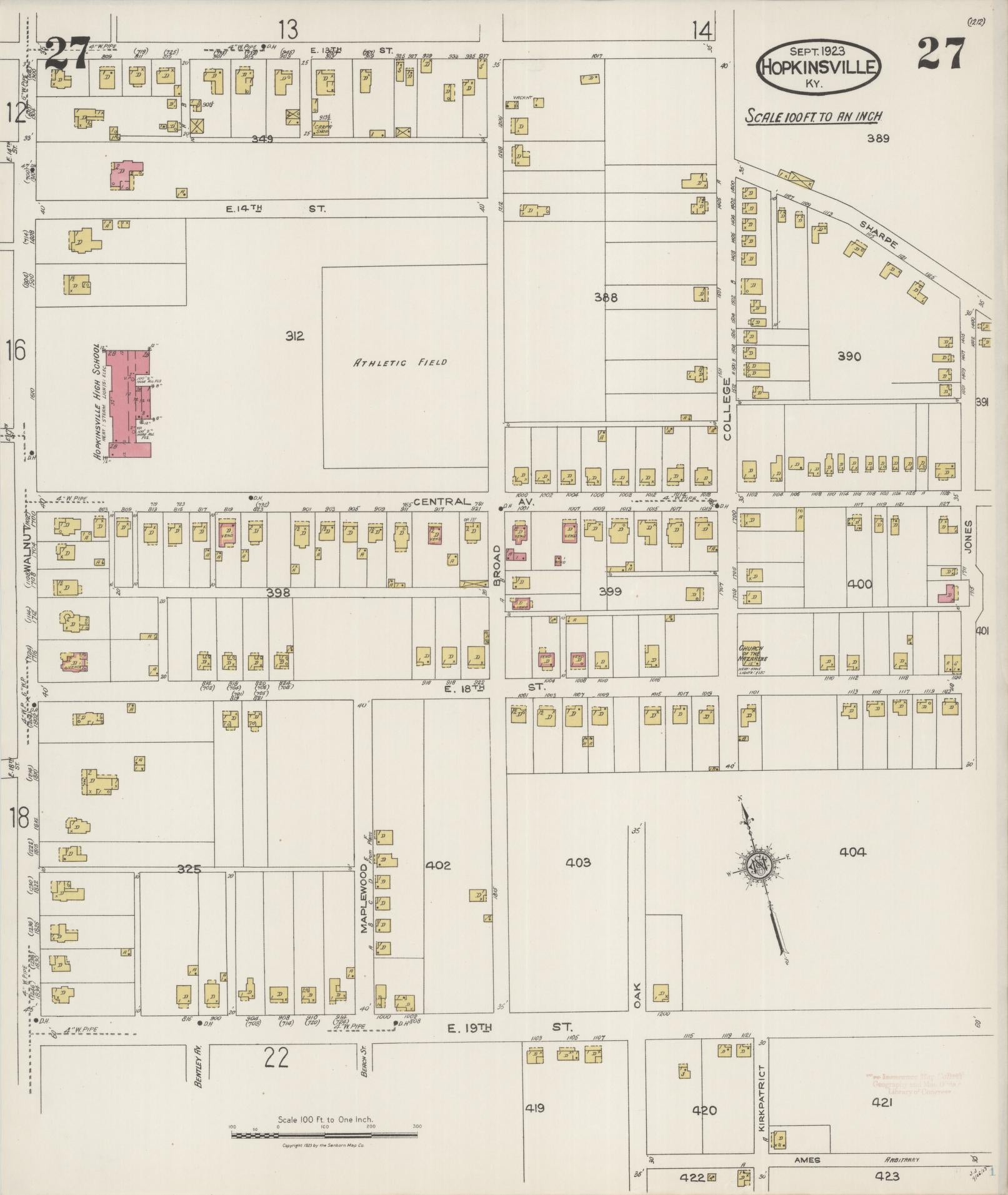 Sanborn Fire Insurance Map from Hopkinsville, Christian County, Kentucky (1923), Sheet #0027 - Historic Sanborn Fire Insurance Map Print, vintage old map wall art, antique decor, genealogy gift, Kentucky Kentucky map