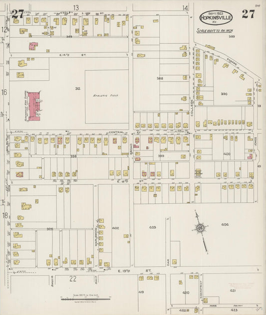 Sanborn Fire Insurance Map from Hopkinsville, Christian County, Kentucky (1923), Sheet #0027 - Historic Sanborn Fire Insurance Map Print, vintage old map wall art, antique decor, genealogy gift, Kentucky Kentucky map