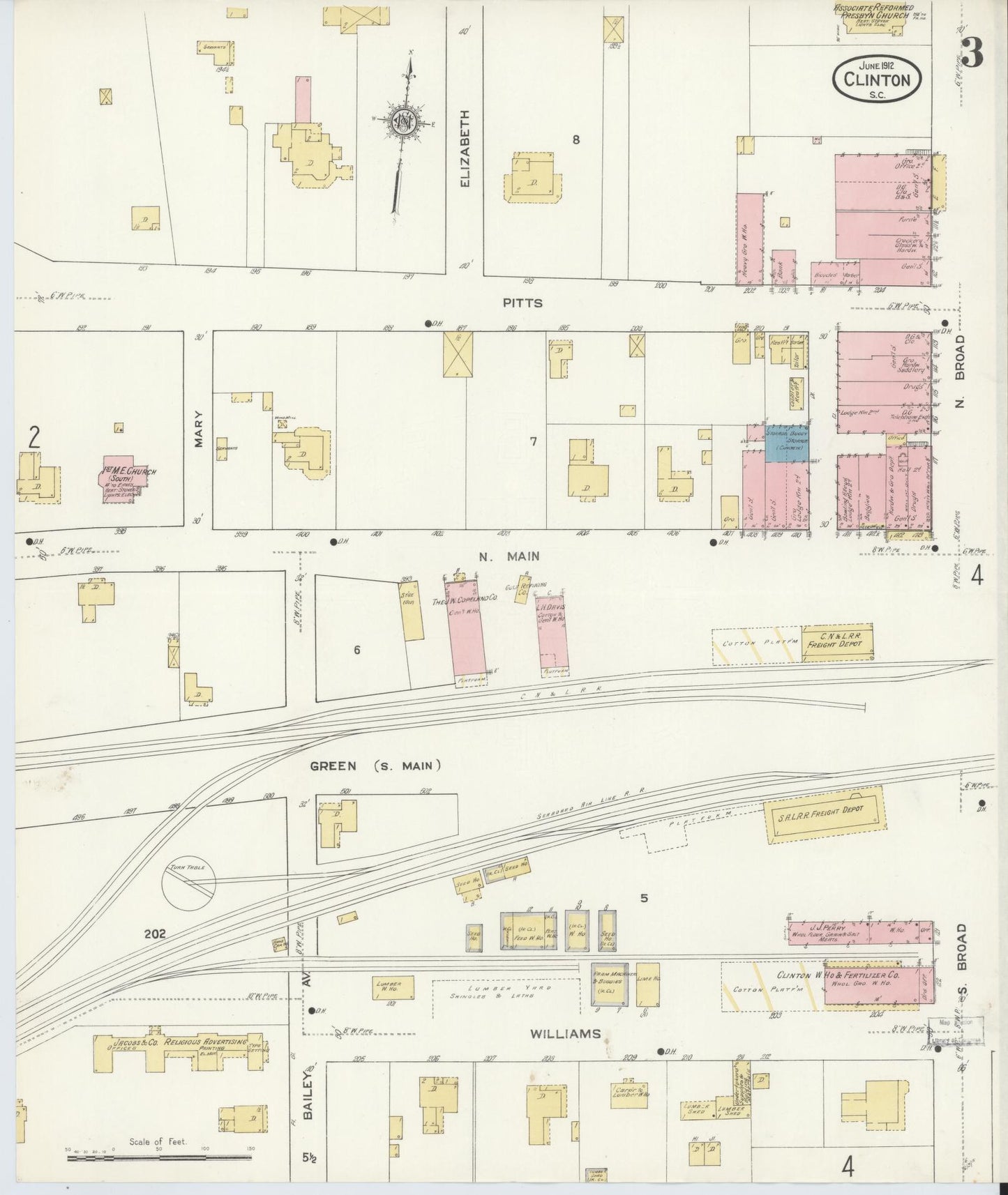 Sanborn Fire Insurance Map from Clinton, Laurens County, South Carolina (1912), Sheet #0003 - Complete Map Set gallery image, historic Sanborn map, vintage wall art, South Carolina South Carolina