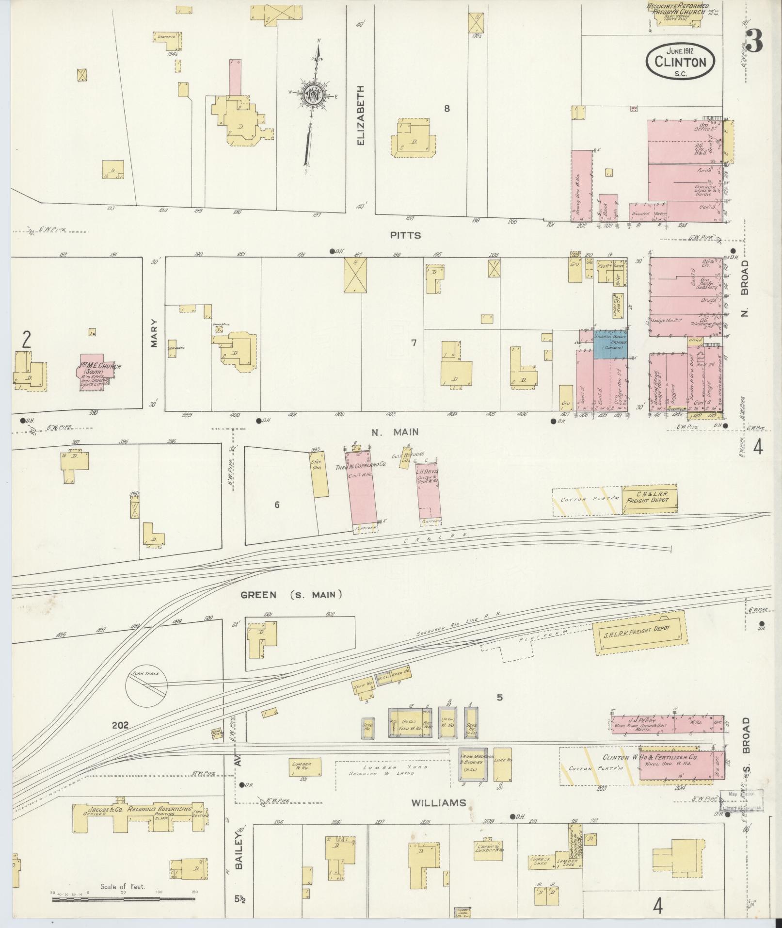 Sanborn Fire Insurance Map from Clinton, Laurens County, South Carolina (1912), Sheet #0003 - Complete Map Set gallery image, historic Sanborn map, vintage wall art, South Carolina South Carolina