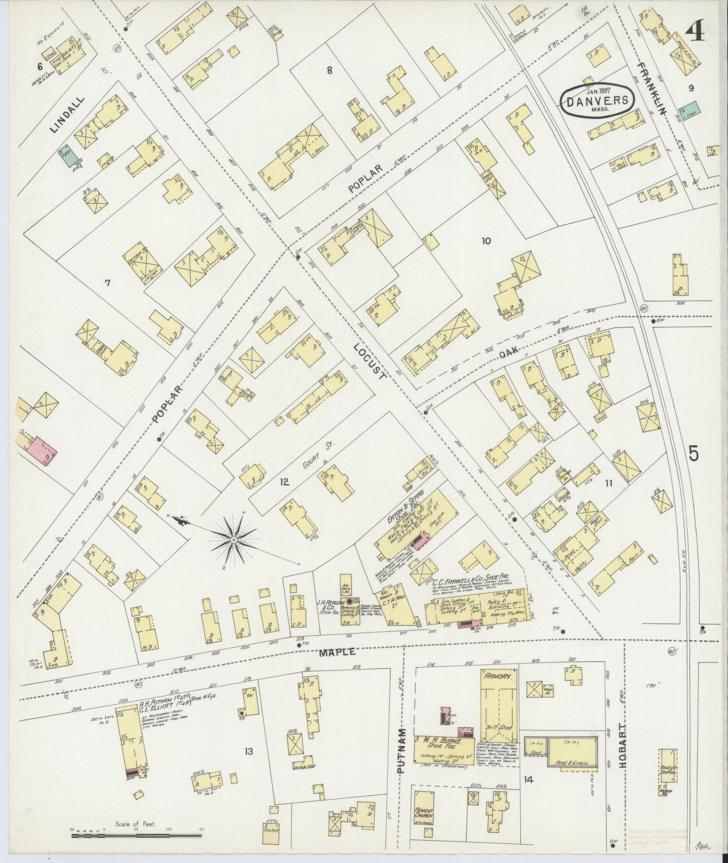 Sanborn Fire Insurance Map from Danvers, Essex County, Massachusetts (1897), Sheet #0004 - Historic Sanborn Fire Insurance Map Print, vintage old map wall art, antique decor, genealogy gift, Massachusetts Massachusetts map