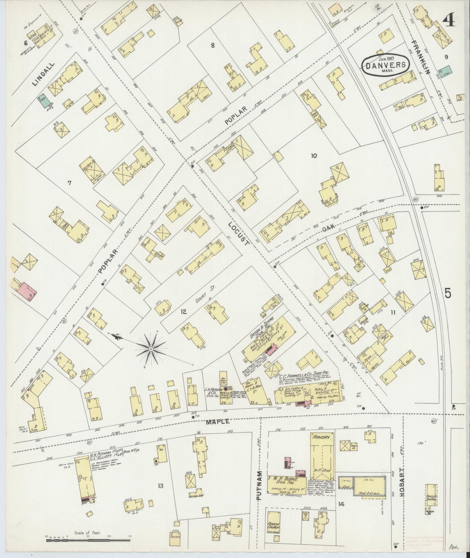 Sanborn Fire Insurance Map from Danvers, Essex County, Massachusetts (1897), Sheet #0004 - Historic Sanborn Fire Insurance Map Print, vintage old map wall art, antique decor, genealogy gift, Massachusetts Massachusetts map
