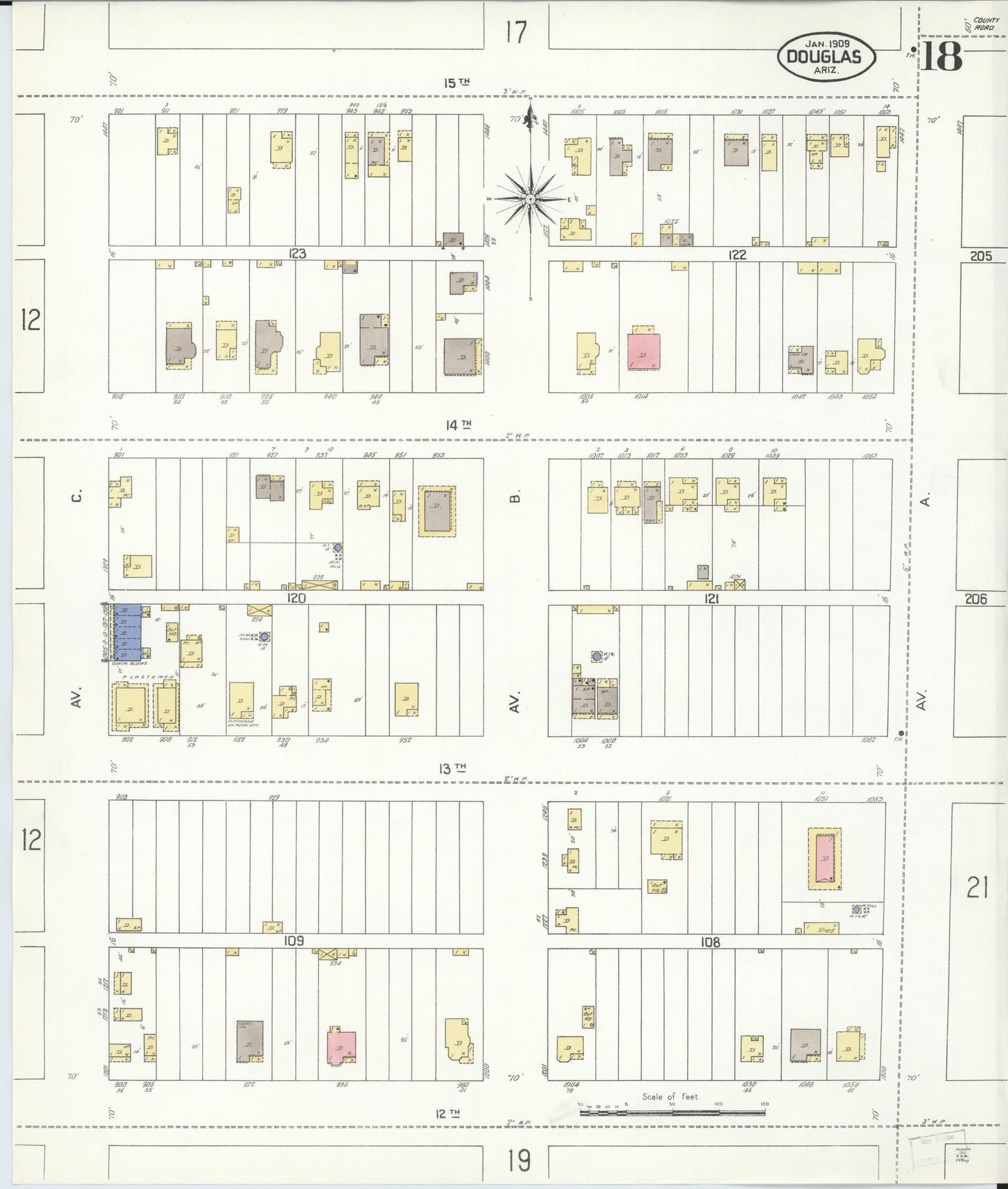 Sanborn Fire Insurance Map from Douglas, Cochise County, Arizona (1909), Sheet #0018 - Historic Sanborn Fire Insurance Map Print, vintage old map wall art, antique decor, genealogy gift, Arizona Arizona map