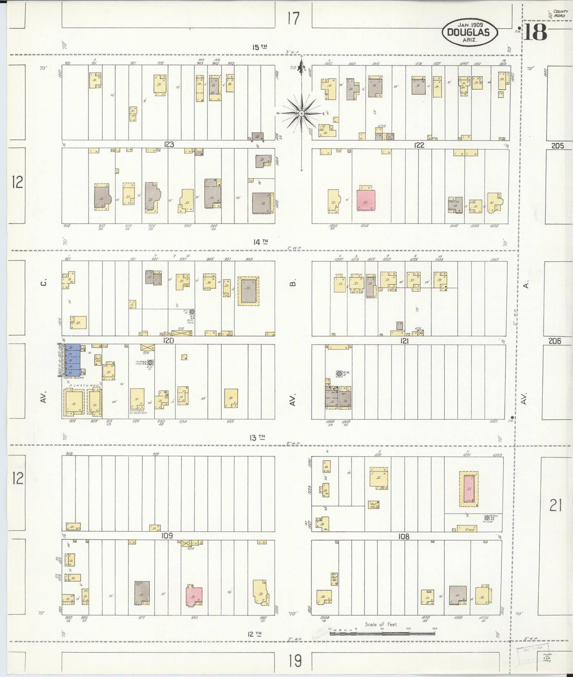 Sanborn Fire Insurance Map from Douglas, Cochise County, Arizona (1909), Sheet #0018 - Historic Sanborn Fire Insurance Map Print, vintage old map wall art, antique decor, genealogy gift, Arizona Arizona map