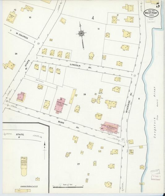 Sanborn Fire Insurance Map from Westport, Fairfield County, Connecticut (1910), Sheet #0005 - Historic Sanborn Fire Insurance Map Print, vintage old map wall art, antique decor, genealogy gift, Connecticut Connecticut map