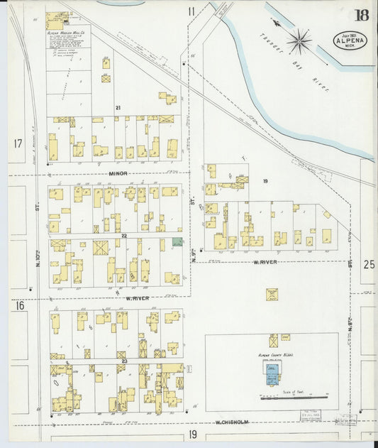 Sanborn Fire Insurance Map from Alpena, Alpena County, Michigan (1901), Sheet #0018 - Historic Sanborn Fire Insurance Map Print, vintage old map wall art, antique decor, genealogy gift, Michigan Michigan map