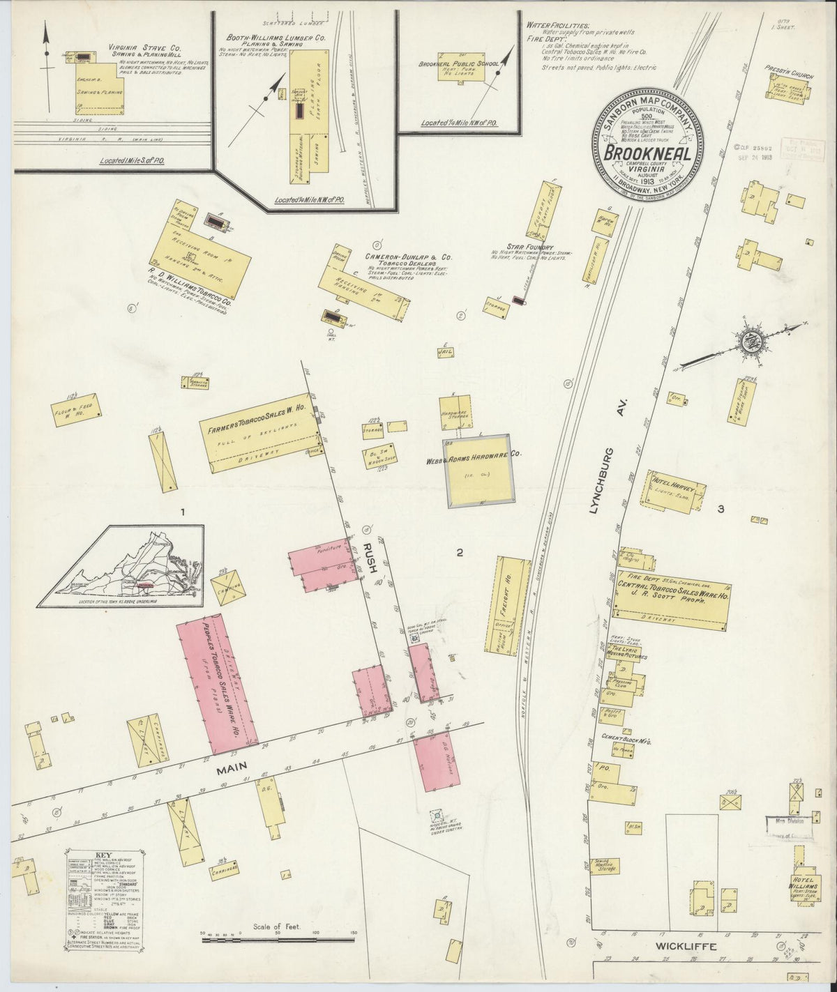 Sanborn Fire Insurance Map from Brookneal, Campbell County, Virginia (1913), Sheet #0001 - Historic Sanborn Fire Insurance Map Print, vintage old map wall art, antique decor, genealogy gift, Virginia Virginia map