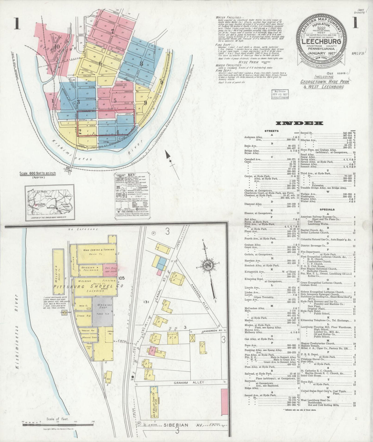 Sanborn Fire Insurance Map from Leechburg, Armstrong County, Pennsylvania (1927), Sheet #0001 - Complete Map Set gallery image, historic Sanborn map, vintage wall art, Pennsylvania Pennsylvania