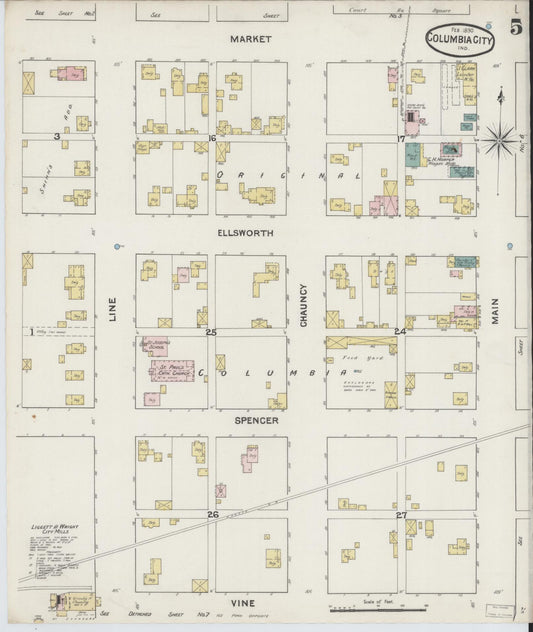 Sanborn Fire Insurance Map from Columbia City, Whitley County, Indiana (1890), Sheet #0005 - Historic Sanborn Fire Insurance Map Print, vintage old map wall art, antique decor, genealogy gift, Indiana Indiana map