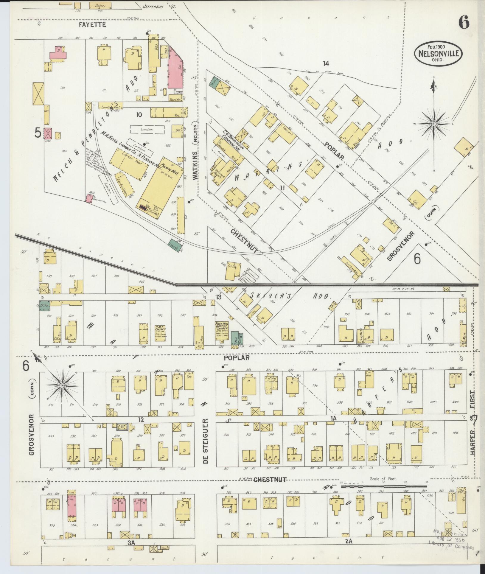 Sanborn Fire Insurance Map from Nelsonville, Athens County, Ohio (1900), Sheet #0006 - Historic Sanborn Fire Insurance Map Print, vintage old map wall art, antique decor, genealogy gift, Ohio Ohio map