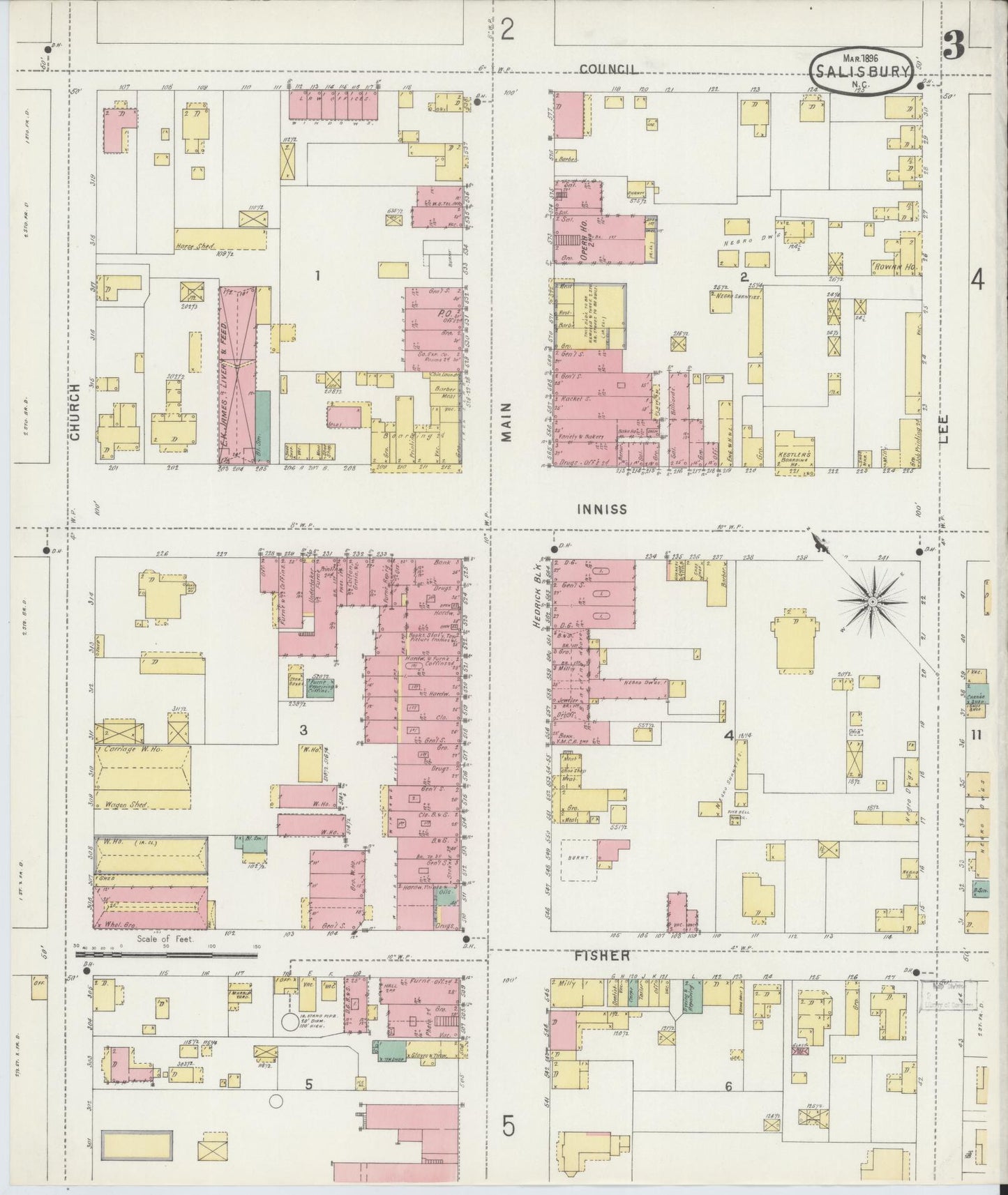 Sanborn Fire Insurance Map from Salisbury, Rowan County, North Carolina (1896), Sheet #0003 - Complete Map Set gallery image, historic Sanborn map, vintage wall art, North Carolina North Carolina