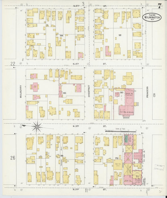 Sanborn Fire Insurance Map from Wilmington, New Hanover County, North Carolina (1904), Sheet #0007 - Historic Sanborn Fire Insurance Map Print, vintage old map wall art, antique decor, genealogy gift, North Carolina North Carolina map