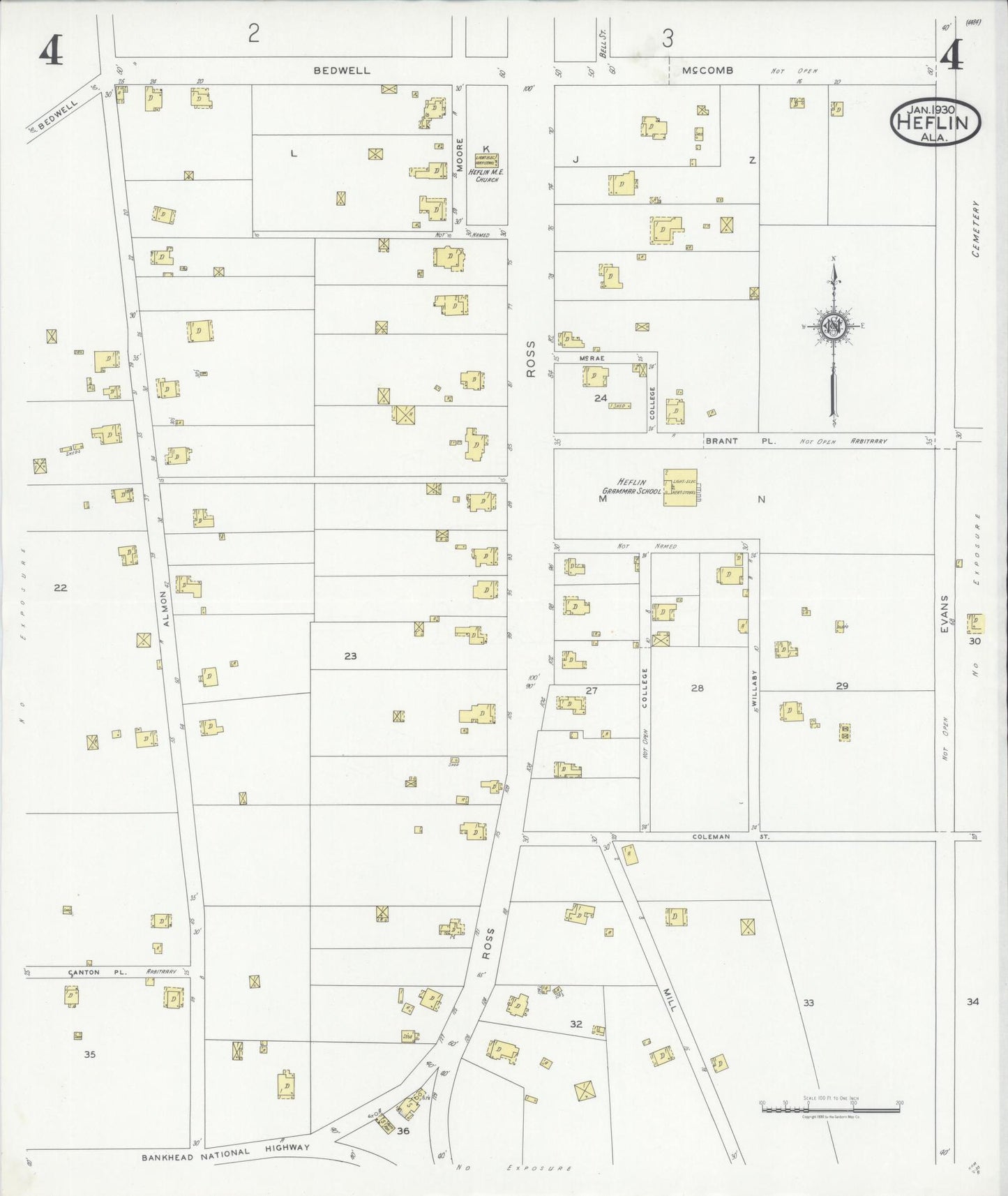 Sanborn Fire Insurance Map from Heflin, Cleburne County, Alabama (1930), Sheet #0004 - Historic Sanborn Fire Insurance Map Print, vintage old map wall art, antique decor, genealogy gift, Alabama Alabama map