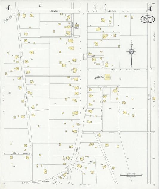 Sanborn Fire Insurance Map from Heflin, Cleburne County, Alabama (1930), Sheet #0004 - Historic Sanborn Fire Insurance Map Print, vintage old map wall art, antique decor, genealogy gift, Alabama Alabama map