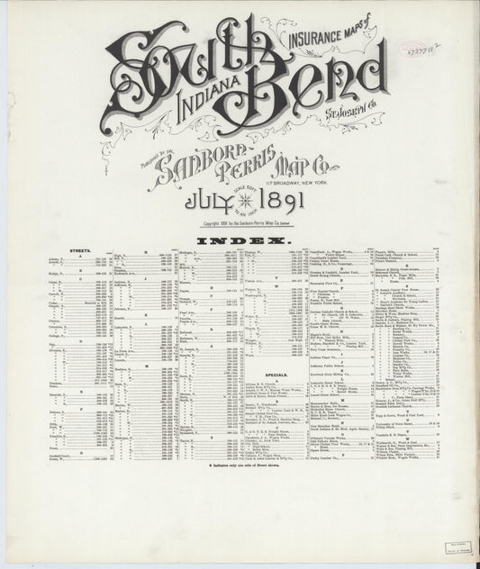Sanborn Fire Insurance Map from South Bend, Saint Joseph County, Indiana (1891), Sheet #0001 - Historic Sanborn Fire Insurance Map Print, vintage old map wall art, antique decor, genealogy gift, Indiana Indiana map