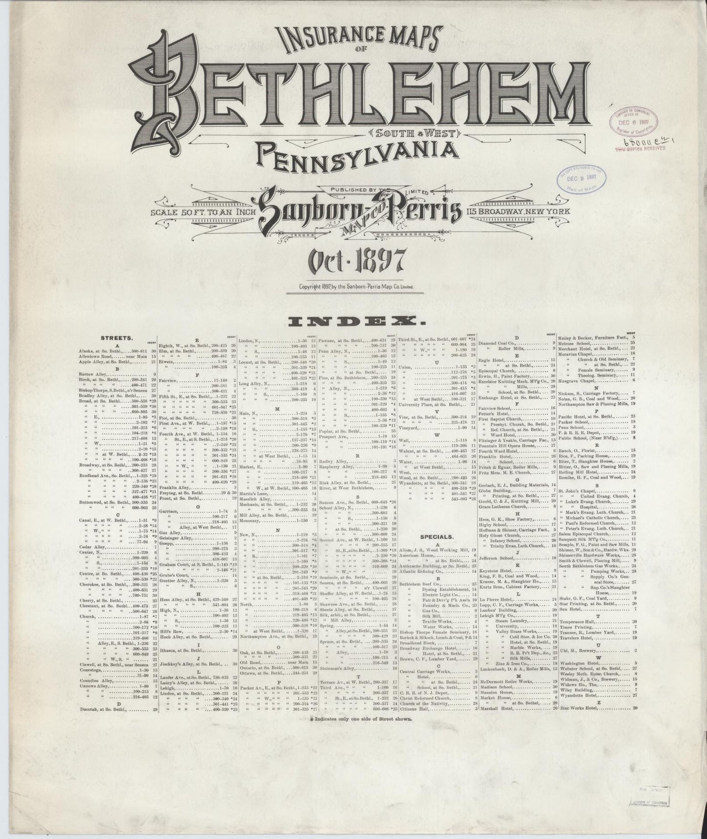 Sanborn Fire Insurance Map from Bethlehem, Northampton And Lehigh Counties, Pennsylvania (1897), Sheet #0001 - Historic Sanborn Fire Insurance Map Print, vintage old map wall art, antique decor, genealogy gift, Pennsylvania Pennsylvania map