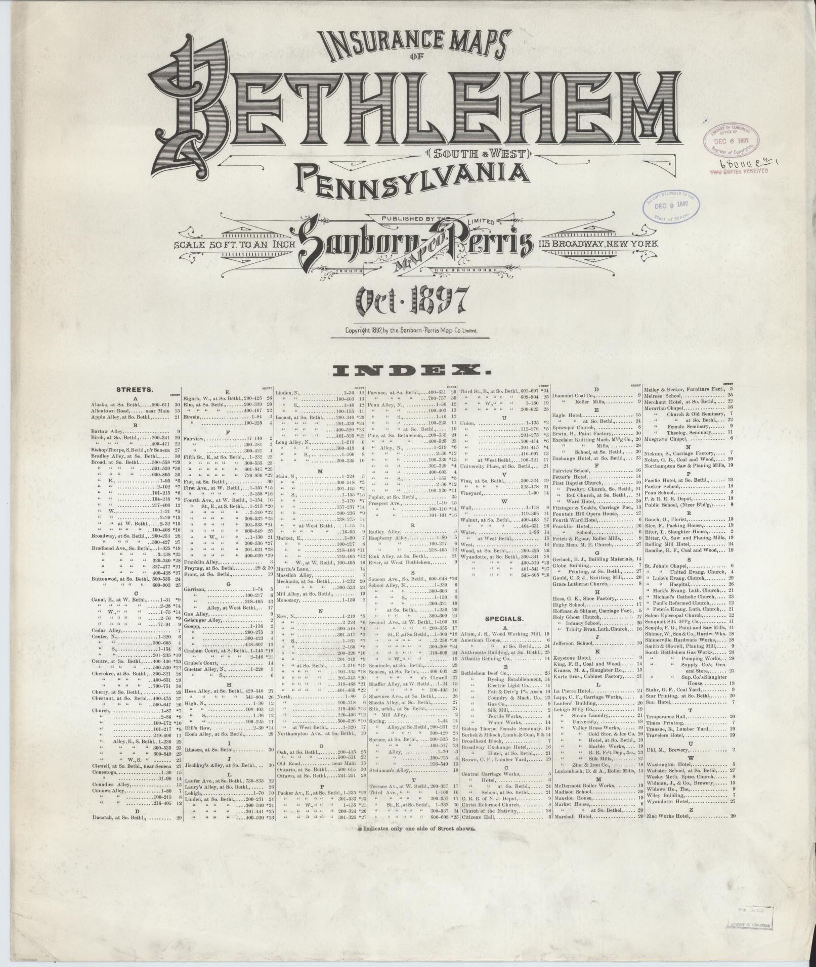 Sanborn Fire Insurance Map from Bethlehem, Northampton And Lehigh Counties, Pennsylvania (1897), Sheet #0001 - Historic Sanborn Fire Insurance Map Print, vintage old map wall art, antique decor, genealogy gift, Pennsylvania Pennsylvania map