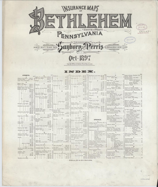 Sanborn Fire Insurance Map from Bethlehem, Northampton And Lehigh Counties, Pennsylvania (1897), Sheet #0001 - Historic Sanborn Fire Insurance Map Print, vintage old map wall art, antique decor, genealogy gift, Pennsylvania Pennsylvania map