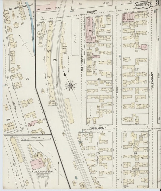 Sanborn Fire Insurance Map from Auburn, Androscoggin County, Maine (1886), Sheet #0003 - Historic Sanborn Fire Insurance Map Print, vintage old map wall art, antique decor, genealogy gift, Maine Maine map