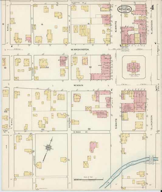 Sanborn Fire Insurance Map from Athens, McMinn County, Tennessee (1917), Sheet #0004 - Historic Sanborn Fire Insurance Map Print, vintage old map wall art, antique decor, genealogy gift, Tennessee Tennessee map