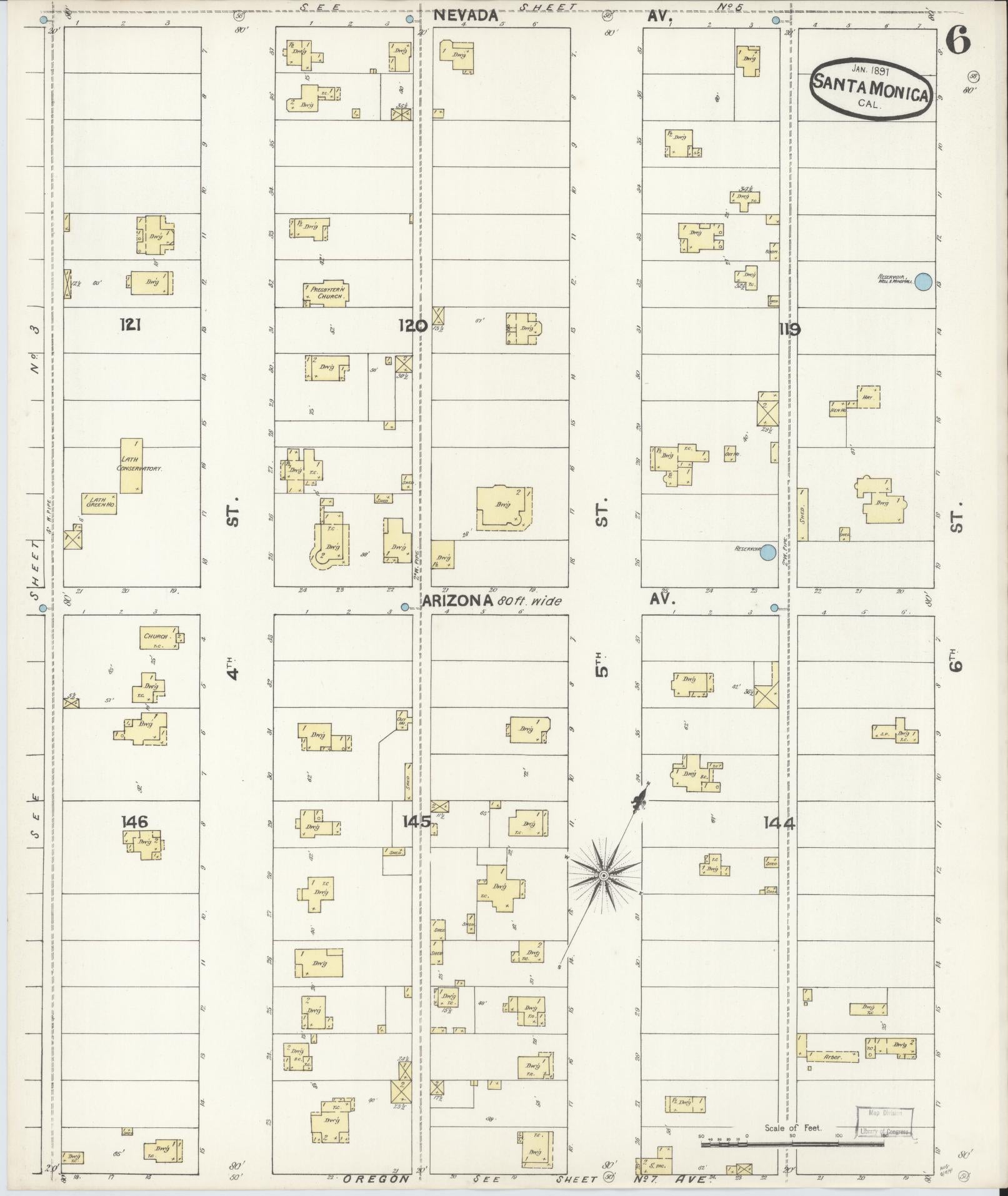 Sanborn Fire Insurance Map from Santa Monica, Los Angeles County, California (1891), Sheet #0006 - Complete Map Set gallery image, historic Sanborn map, vintage wall art, California California