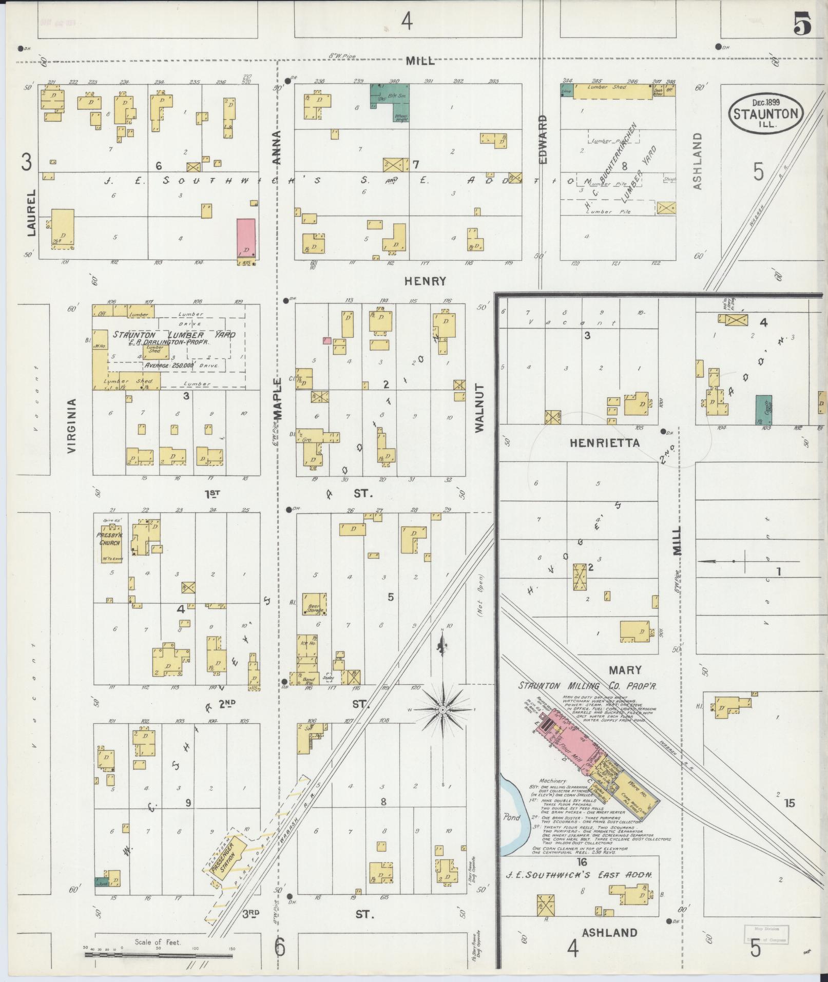 Sanborn Fire Insurance Map from Staunton, Macoupin County, Illinois (1899), Sheet #0005 - Historic Sanborn Fire Insurance Map Print, vintage old map wall art, antique decor, genealogy gift, Illinois Illinois map