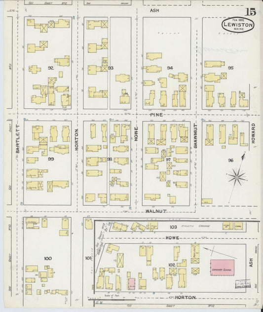Sanborn Fire Insurance Map from Lewiston, Androscoggin County, Maine (1892), Sheet #0015 - Historic Sanborn Fire Insurance Map Print, vintage old map wall art, antique decor, genealogy gift, Maine Maine map