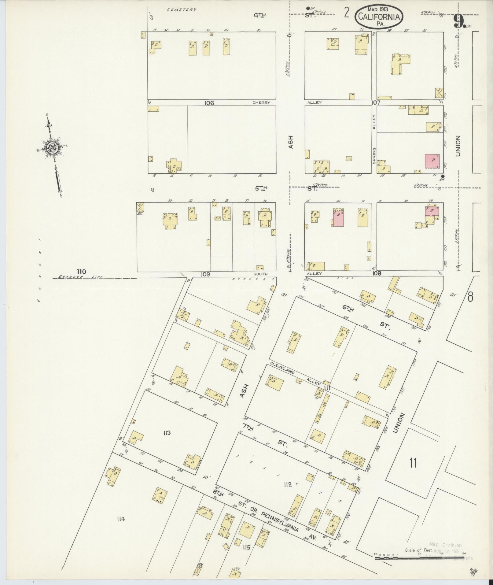 Sanborn Fire Insurance Map from California, Washington County, Pennsylvania (1913), Sheet #0009 - Complete Map Set gallery image, historic Sanborn map, vintage wall art, California California