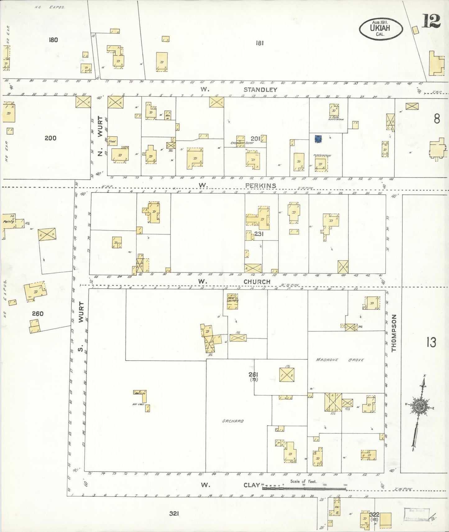 Sanborn Fire Insurance Map from Ukiah, Mendocino County, California (1911), Sheet #0012 - Complete Map Set gallery image, historic Sanborn map, vintage wall art, California California