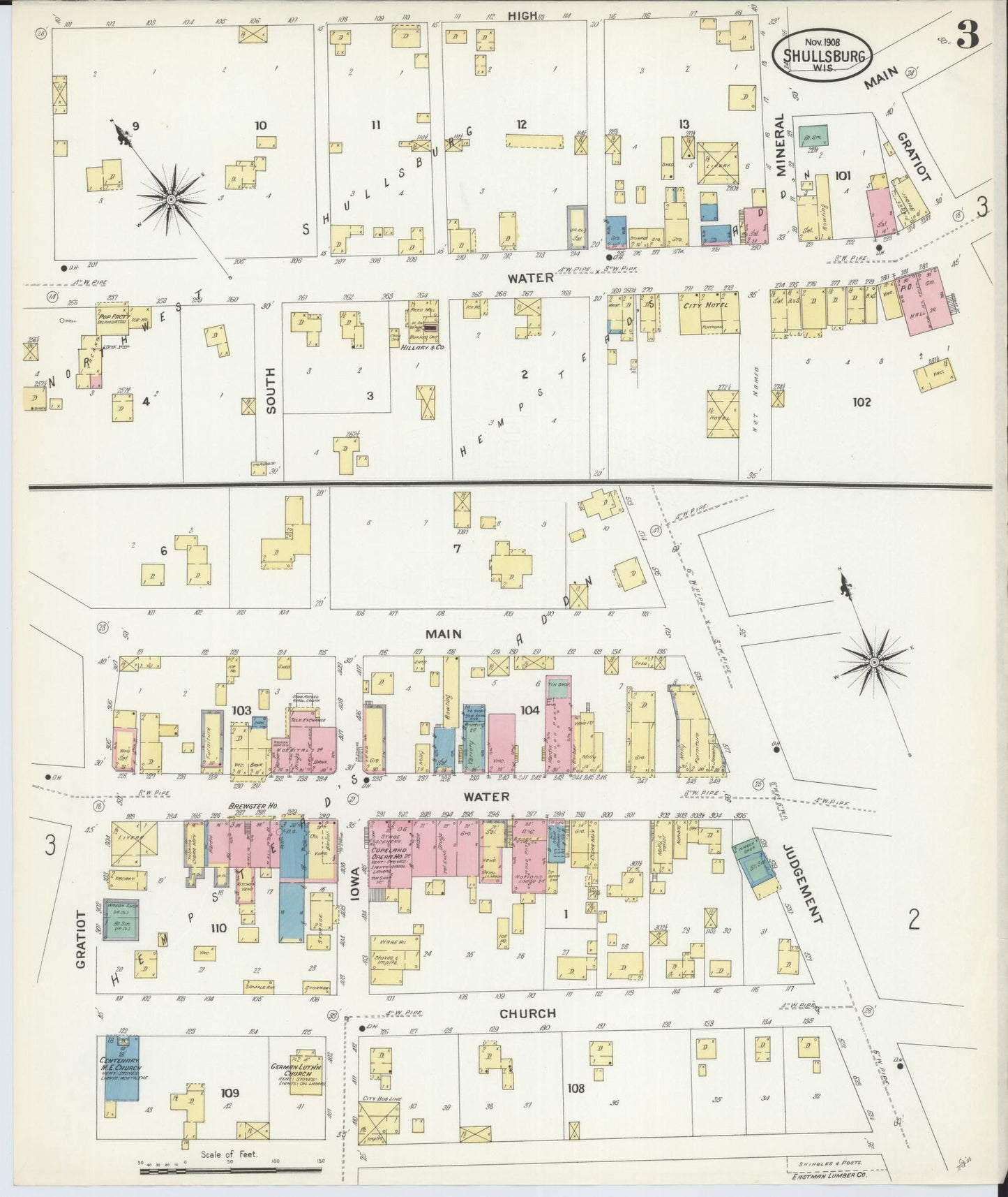 Sanborn Fire Insurance Map from Shullsburg, Lafayette County, Wisconsin (1908), Sheet #0003 - Complete Map Set gallery image, historic Sanborn map, vintage wall art, Wisconsin Wisconsin